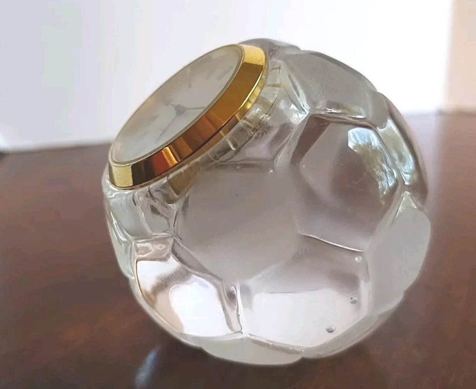 Desk Clock Crystal Cut Glass Paperweight Round Shape Vintage Quartz Japan Soccer - Image 3 of 4