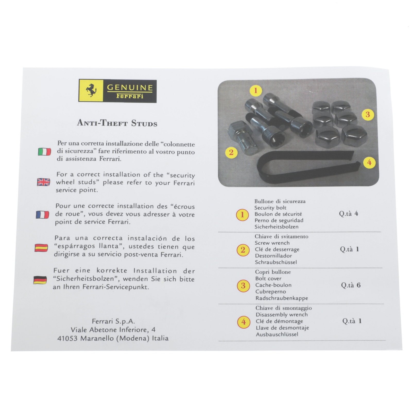 GENUINE FERRARI Anti Theft Wheel Lock Studs Kit OEM NEW 70004563
