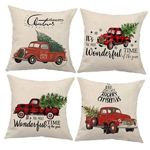 Red Truck Throw Pillow Covers with Xmas Tree Winter Holiday Christmas Square