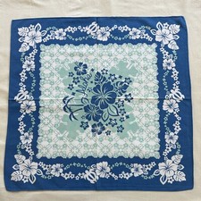 Vintage Bandana Blue Cotton Green Art Floral Hibiscus Handkerchief Kerchief 21"