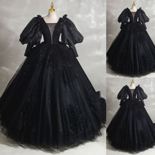 Black Gothic Wedding Dresses Long Puff Sleeves Organze V Neck Bridal Gowns Train