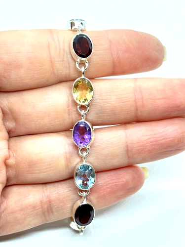 Sterling Silver Oval Multi-Gemstone Bracelet - 7.5”-8” 14.8 grams - Picture 9 of 11