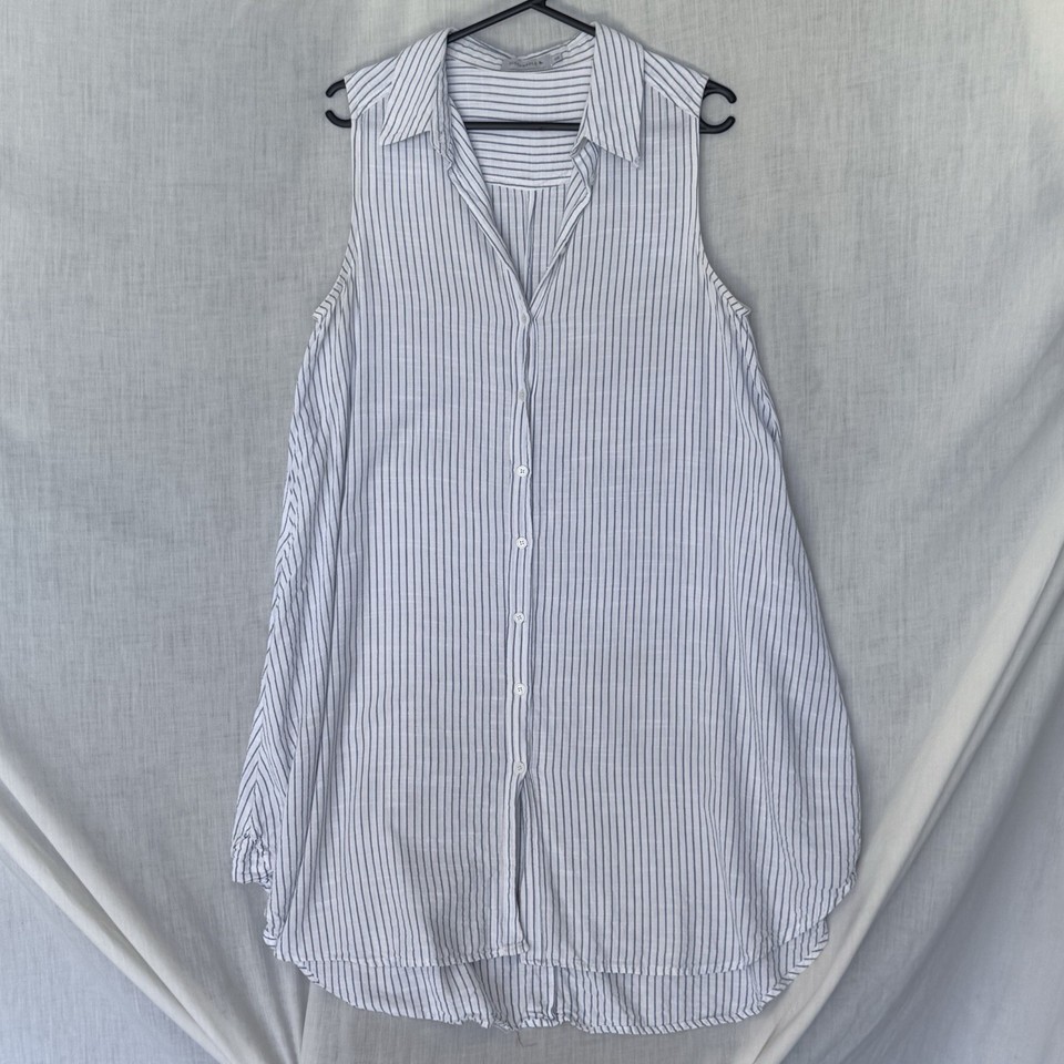 Pigeonhole Shirt Dress OS – Blue White Stripe 100% Cotton Sleeveless Button