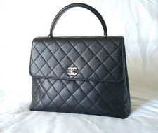 CHANEL Vintage Kelly Top Handle Bag Black Caviar Silver Hardware Card Box