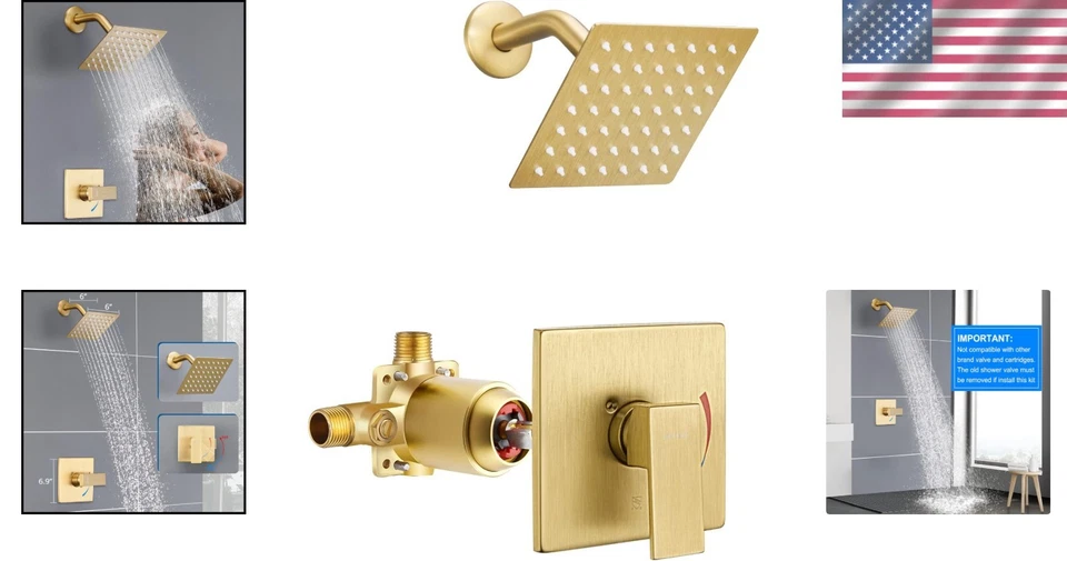 Brushed Gold Shower Faucet Set with 6" Rain Shower Head - Image 2 of 4