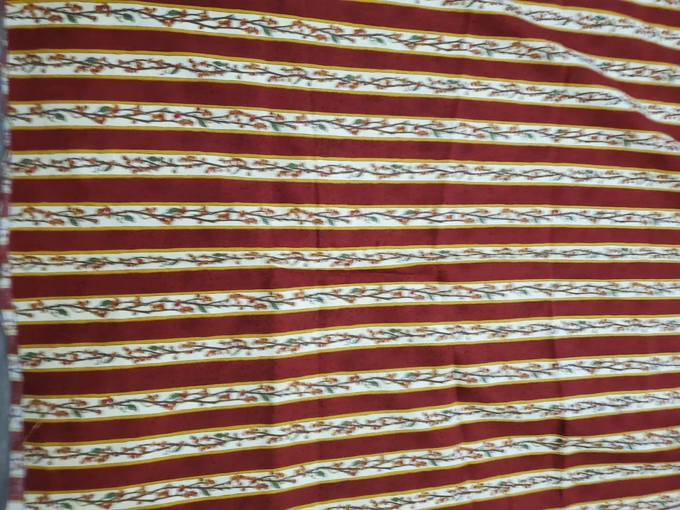 +2 Yard Moda Fabric Crabapple Farm Deb Strain Red Stripe Floral Vine #19031 - Image 3 of 3