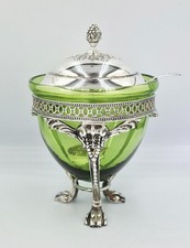 STUNNING STERLING SILVER & GREEN GLASS PAW FOOTED SUGAR VASE Sheffield 1922