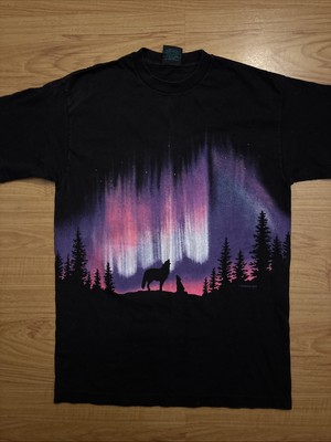 Vintage Habitat Northern Lights Howling Wolf Vermont T-shirt Size Medium