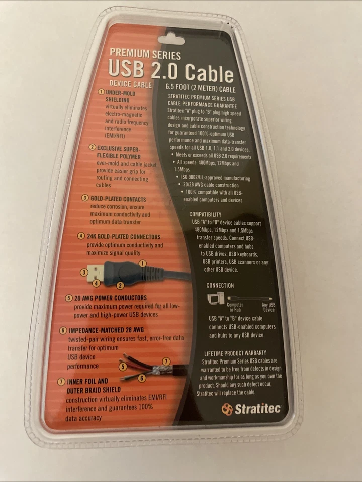 STRATITEC Premium USB 2.0 High-Speed Cable A to B 24K Gold Connectors NEW - Image 2 of 2