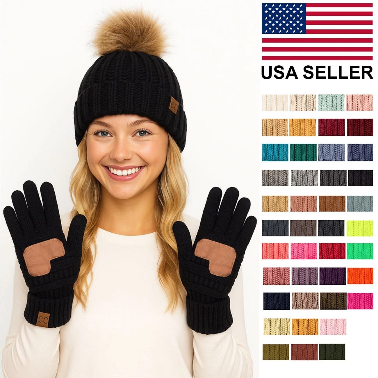 C.C 2pc Women Winter Soft Warm Fleece Lined Knit Pom Pom Beanie Hat & Gloves