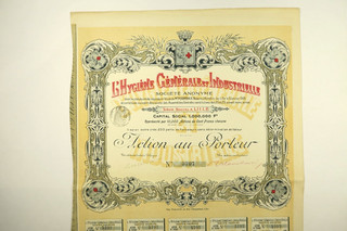 L HYGIENE GENERALE ET INDUSTRIELLE ACTIONS DE 100 FRANCS LILLE 1905 COUPONS
