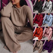 Casual Womens Ribbed Tracksuit Loungewear 2 Pcs Set Tops Pants Sleepwear Pajamas