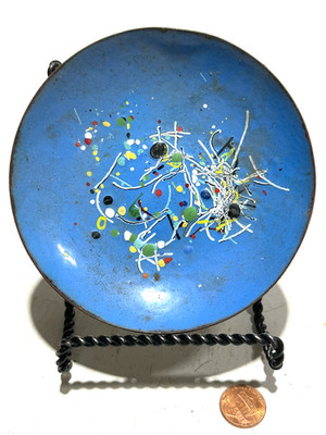 Vintage Colorful Enamel On Brass Blue Paint Splat Trinket Dish Bowl 4.75'' Dia.