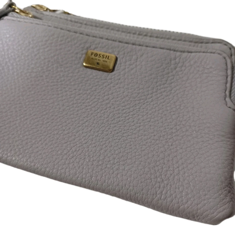 Fossil Clutch Handgelenktasche grau genarbtes Leder Scheinfaltung Reißverschluss Tasche - Bild 3 von 4