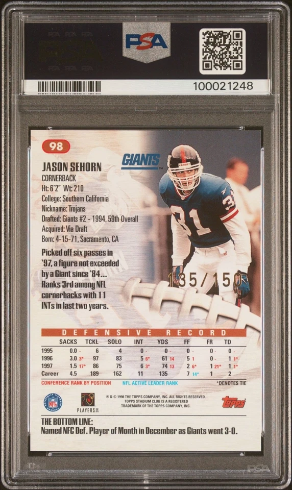1998 Stadium Club Jason Sehorn One of a Kind /150 #98 PSA 9 Mint - Image 2 of 2