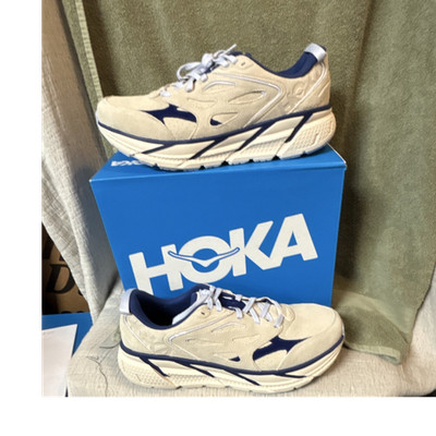 Hoka One One Clifton L Suede Oat Milk Bellwether Blue Men's Athletic Sneakers