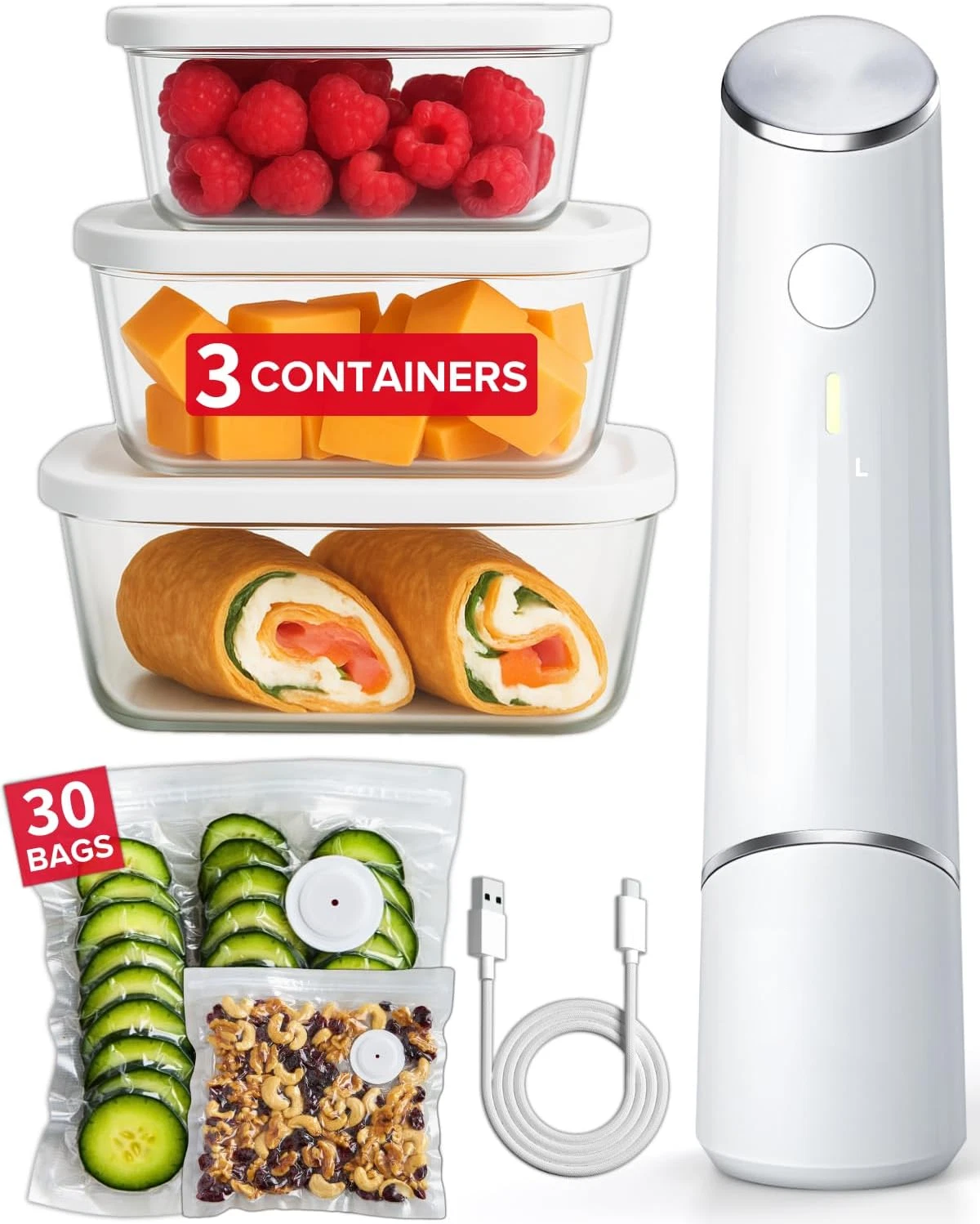 Compact Vacuum Sealer Machine Food Saver Kit Glass Containers Reusable Bags