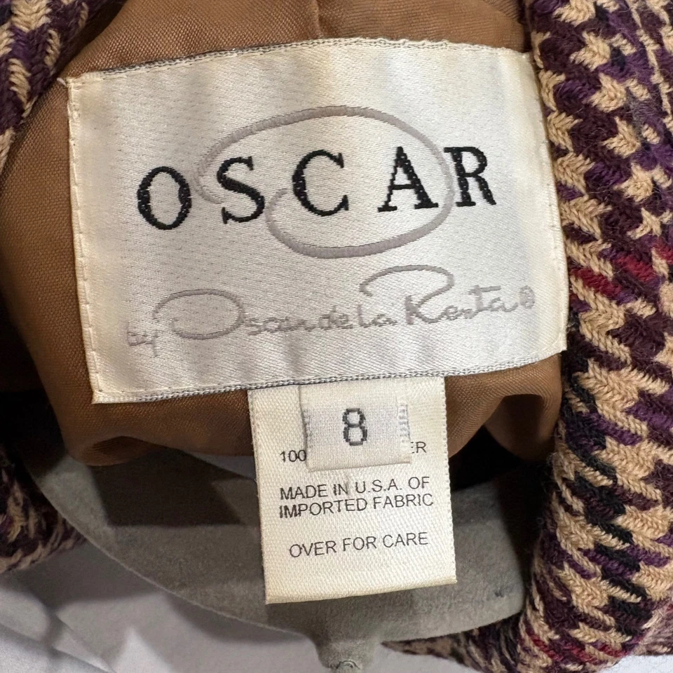 Chaqueta Blazer Oscar de la Renta Pata de Gallo Mezcla Lana Borgoña Beige Talla 8 Mujer Foto 3 de 4