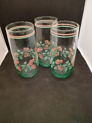 Vintage Libby Tumblers 3 Green Tinted Glass With Peach And Green Floral