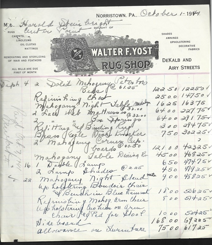 1941 Norristown, PA - Walter F. Yost Rug Shop Invoice