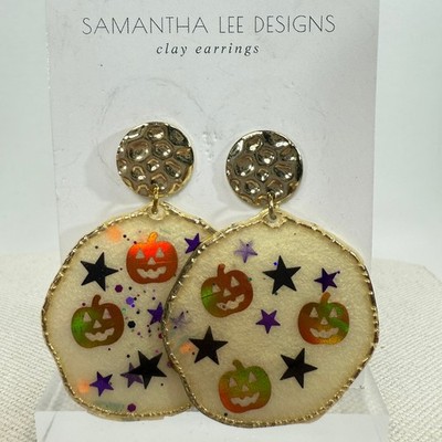 Samantha Lee Designs Halloween Earrings Pumpkin Star Clay Gold Statement Jewelry