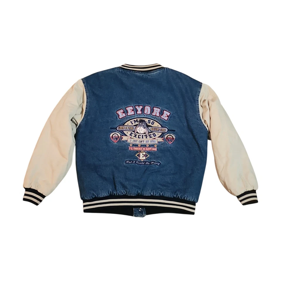 Chaqueta Bomber Universitaria Denim Eeyore De Colección Años 90 Disney Store Talla Pequeña Sin Capucha Foto 2 de 4