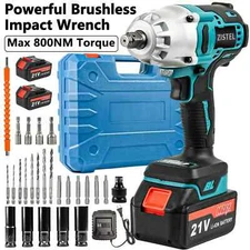 Max 800Nm High Torque Electric Impact Wrench 1/2" Cordless Wrench w/ 2 Batteries