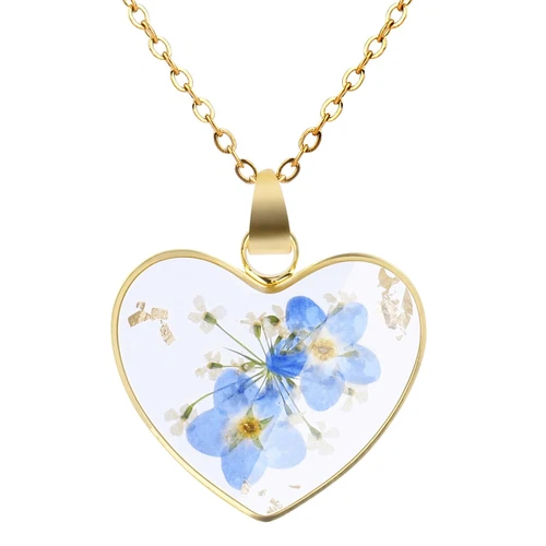 Forget Me Not Necklace Pressed Wildflower Jewelry Women Drop Dangle Pendant Neck