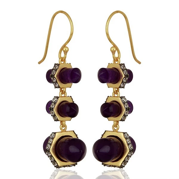 Cz Studded Hexagon Square Edged Earrings Pencil Aventurine Statement Earrings - Image 3 of 4