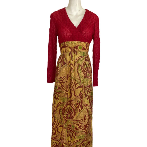 1970s Vintage Metallic Gold Lame dress Novelty Print Maxi Dress small s 6 / 8