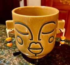 Boho Kitchen Unique mug planter Decoration Tribal  Stoneware Beige Face W/Beads
