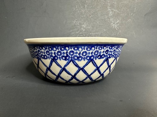 Polish Pottery Soup/Cereal Bowl Blue Lattice Pattern Handmade Poland - Picture 4 of 6