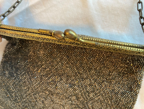 ANTIQUE MICROBEADED METALLIC GOLD SILVER Gold Chain/Kisslock PURSE Art Deco 8" - Picture 15 of 24