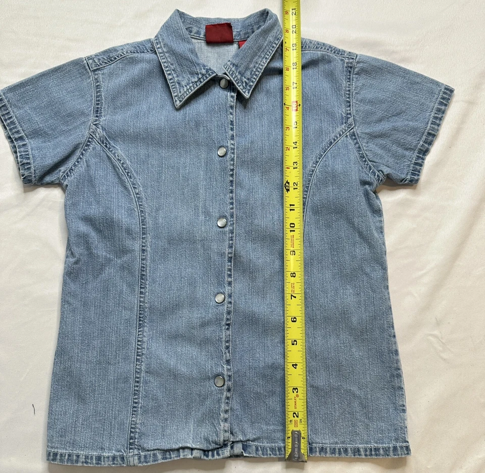 Gap синие джинсы девочек жемчуг Snap джинсовая рубашка синий размер M короткий рукав - Изображение 2 из 4