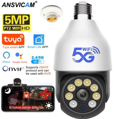 ANSVICAM Telecamera lampadina 5MP 5G WIFI TUYA Smart Life PTZ outdoor cam lavoro con Alaxa Google
