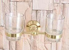 Gold Color Brass Wall Mounted Bathroom Toothbrush Holders Dual Glass Cups Zba318