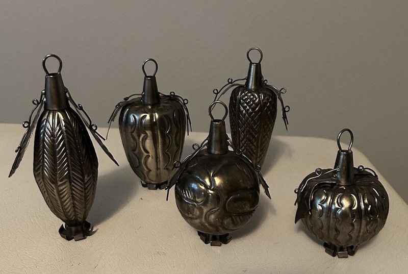 Lot of 5 Pewter Color, Metal Ornaments Fruit and Vegetables Rare and Unique!