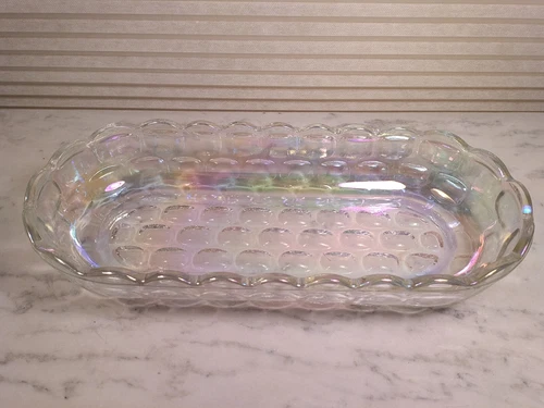 Vintage Carnival Glass Iridescent Clear Thumb Print Bowl Candy Dish Trinket Dish
