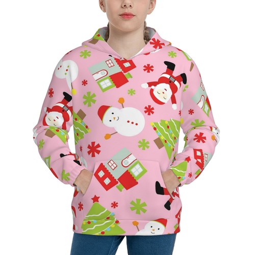 Pink Christmas Girls Youth Pullover Hoodie Casual Hooded Sweatshirt with Pocket - Picture 7 of 37