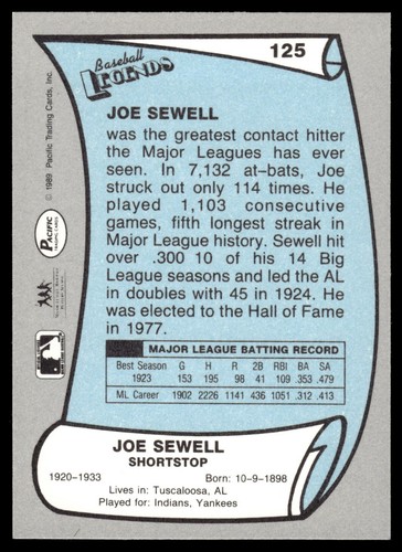 1989 Pacific Baseball Legends - Joe Sewell #125 Yankees - Picture 2 of 2