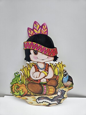 Vintage Beistle Thanksgiving Indian Boy Die Cut Wall Hanging Decoration 1978