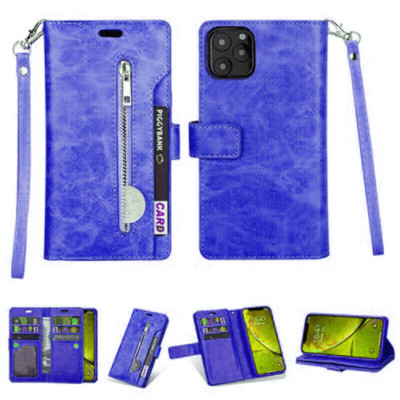 Leather Card Holding Zipper Case w/Strap for iPhone 12 Pro Max 6.7'' DARK BLUE