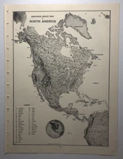 1947 Vintage NORTH AMERICA Antique Relief Map - Hammond's Atlas & Gazetteer