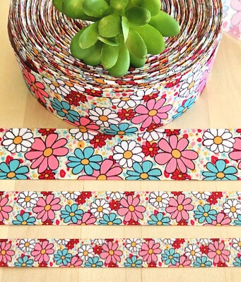 3/8, 5/8, 7/8 & 1.5'' (1 YD) Daisy Grosgrain Ribbon Floral Mother's Day Daises