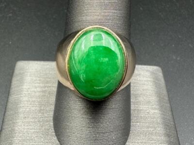 GIA-zertifizierter 14kt Gold Ring durchscheinender grüner Jadeit Jade für Herren.