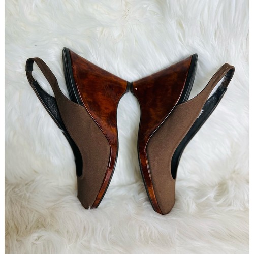 Vintage Donald J Pliner Sz 7.5 Latte Tortoiseshell Wedge Peep Slingback Sandal - Picture 2 of 7