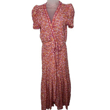 Poupette St Barth Baba Long Dress Women's Medium Pink Net Floral Cotton Midi