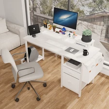 【US】47.3"office desk w/power outlet,2 Monitor Stands,2 drawers,Side Pocket,Easy