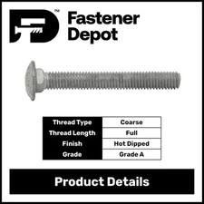 3/8"-16 x 5" Hot Dipped Galvanized Carriage Bolt, Grade A, Full Thread, Qty 50
