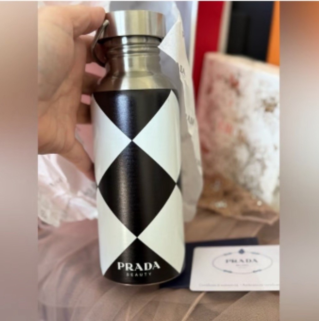 PRADA Water Bottle 16 oz Black White Diamond Print Stainless Steel